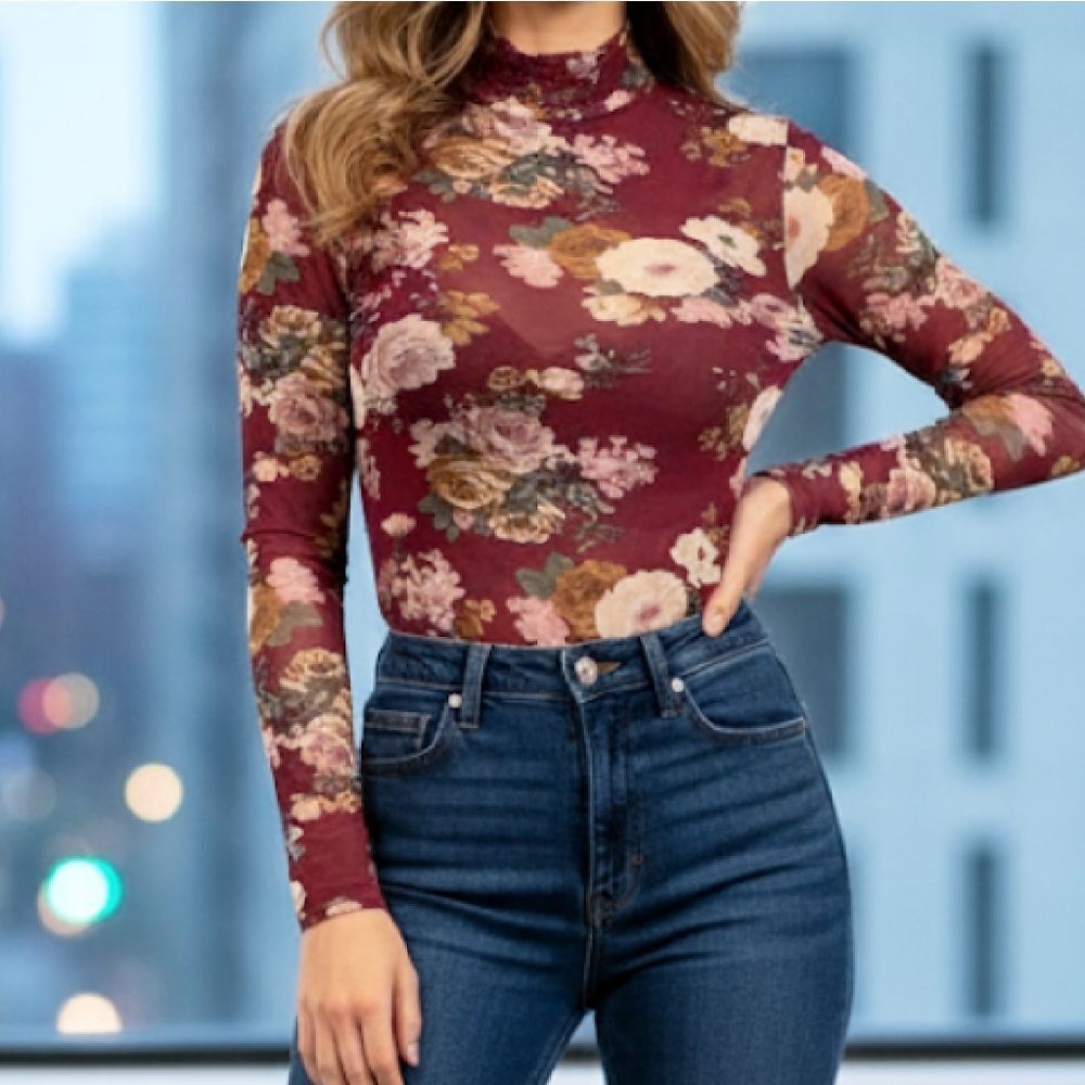 Cleo Burgundy Floral Mock Neck Long Sleeve‎ Sheer Bodysuit Medium